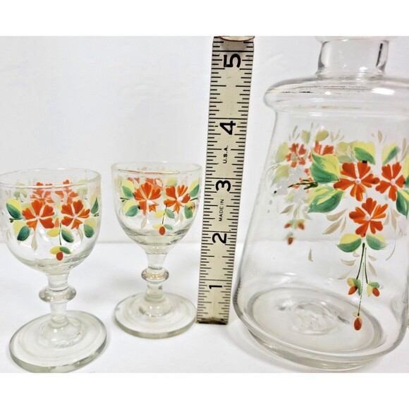 Glass Decanter with 3 Cordial Glasses Hand Painted Vtg Floral Holiday Barware - Picture 6 of 8